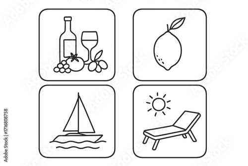 La dolce vita vector icon set. Hand drawn minimalist line art. Mediterranean summer vacation concept with food, wine, lemon, sailboat, and sun lounger for relaxation.