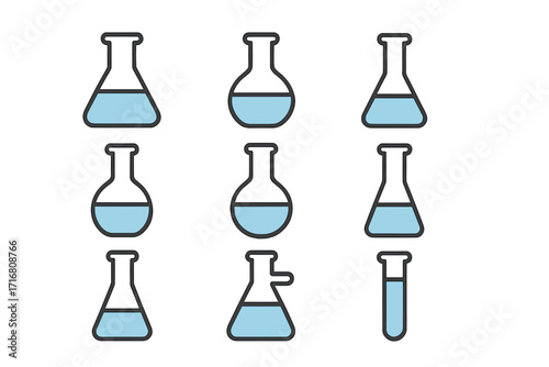 Lab flask and test tube line icon set. Chemistry glassware vector collection. Science and research laboratory equipment pictograms. Chemical experiment liquid symbols. Beaker.