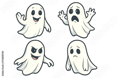 Halloween ghost character set with various emotions. Cute cartoon vector illustration. Happy, sad, scary, evil phantom. Spooky funny spirit mascot collection for design.