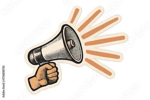 Hand holding a vintage halftone loudspeaker. Retro collage sticker for announcement, protest, or propaganda. Communication and message concept in 90s magazine style vector.