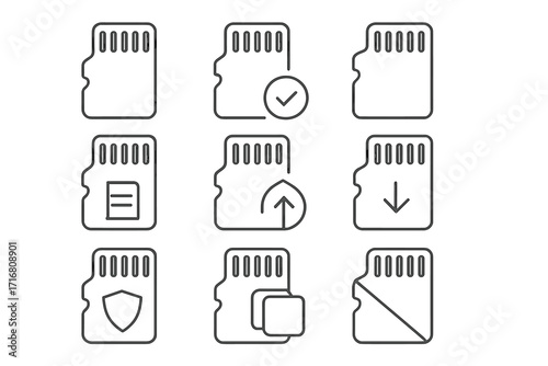 MicroSD memory card thin line icon set. Flash drive storage vector symbols. Data transfer, download, upload, security, copy file pictogram for web, apps. Editable stroke.