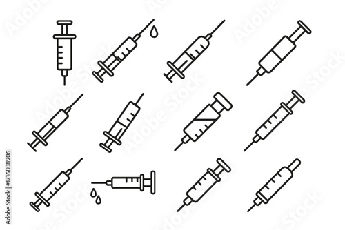 Syringe icon set. Medical injection and vaccination thin line icons. Vector illustration for web, apps. Healthcare, medicine, vaccine, dose, needle, treatment concept.