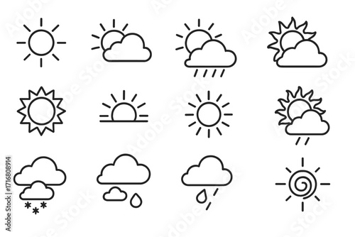 Weather forecast line icon set. Sun, cloud, rain, and snow symbols. Meteorology outline pictogram collection for web or app interface. Vector illustration with editable stroke.