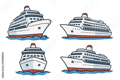 Cruise ship vector illustration set from different angles. Ocean liner for sea travel, vacation. Cartoon passenger boat on water waves. Marine transport graphic collection.