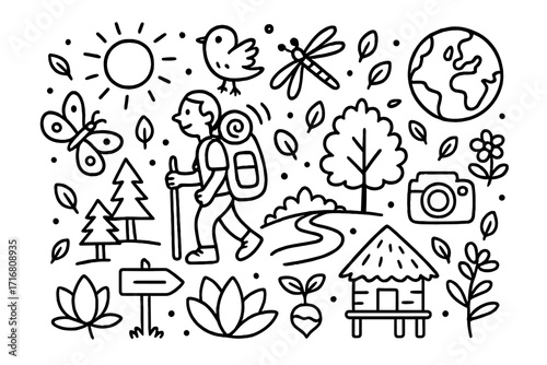 Nature hiking travel doodle icon set. Outdoor adventure and ecotourism concept. Man with backpack, planet earth, sun, tree, camera. Vector cartoon line art illustration.