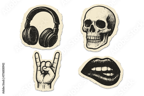 Hard rock music collage set. Torn paper halftone elements for grunge and metal themes. Isolated vector headphones, skull, rock on hand gesture, and mouth biting lip.