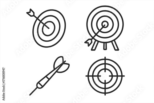 Set of target and goal vector icons. Thin line symbols for business strategy, marketing aim, and success. Includes dart, arrow, bullseye, and crosshair for precision focus.