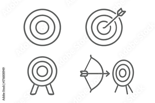 Target and arrow thin line icon set. Business goal and achievement concept. Archery, aim, focus, success, and marketing strategy symbols. Vector outline pictogram collection.