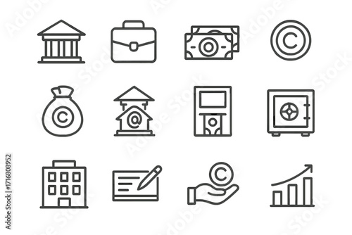 Finance and banking line icon set. Business investment symbols. Outline collection with money bag, safe, ATM, bank, cash, growth chart. Editable stroke vector pack.