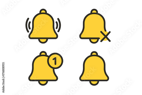 Yellow bell icon set with filled color, minimalistic linear pictograms of notifications, alerts, mute, and message badge for web, apps, social media, banners, graphic design