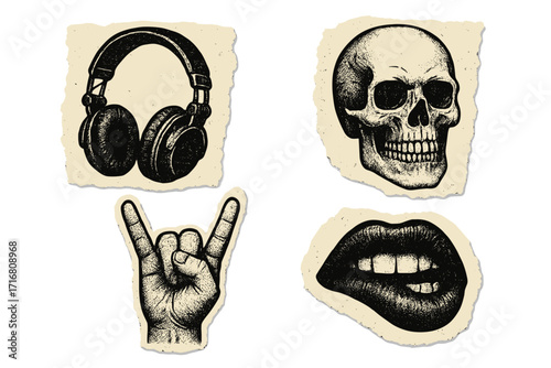 Hard rock music collage set. Torn paper elements with skull, headphones, rock on hand sign, and biting lips. Grunge, heavy metal sticker pack with retro halftone texture.