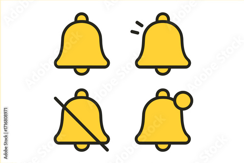 Yellow bell filled color icon collection, minimalistic linear pictograms for web, graphic design, apps, banners, social networks, cards, notifications, alerts, mute, alert symbols vector