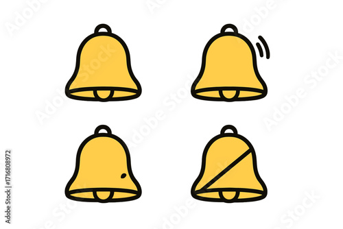 Yellow bell icon set with filled color, minimalistic linear design, notification symbols, alert and silence modes, web icons for apps, social media, banners, and cards vector illustration