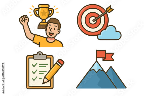 Motivation and goal setting vector icon set. Concepts for success, achievement, and business strategy. Winner with trophy, target with arrow, checklist, and mountain peak.