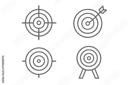 Target icon set for business goals and marketing strategy. Thin line vector illustration of aim, focus, accuracy, and success. Dartboard, bullseye, and archery symbols.