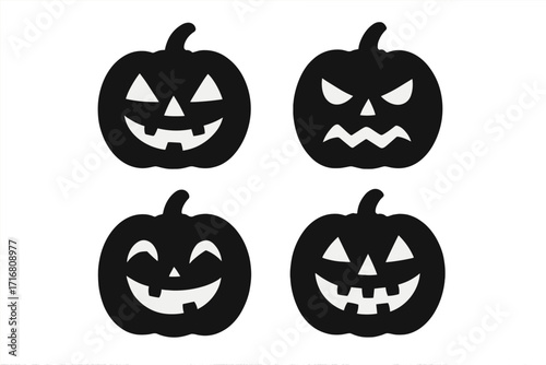 Set of black Halloween pumpkin silhouettes. Jack o lantern faces with different emotions. Spooky, scary, angry, and happy carving stencils. Vector icon collection for horror or autumn holiday design.