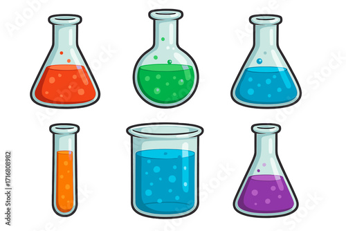 Laboratory colorful chemical flasks collection. Cartoon vector set of various glassware including test tube, beaker, Erlenmeyer flasks with colorful liquids. Science experiment equipment