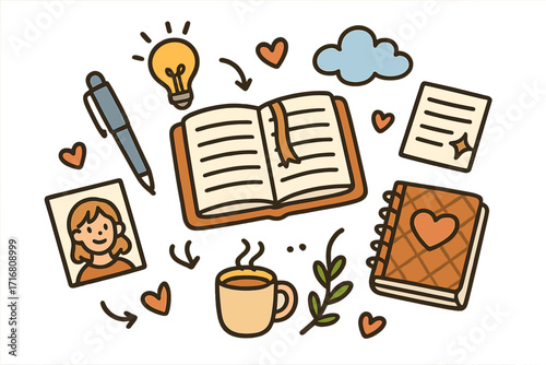 Journaling doodle set vector illustration. Cute cartoon diary writing collection. Mindfulness hobby concept with notebook, pen, coffee, idea lightbulb, photo and love hearts.