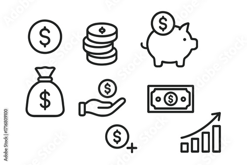 Finance and money thin line icon set. Savings and investment concepts. Piggy bank, dollar coin, money bag, banknote, growth chart icons. Business pictogram collection. Editable stroke.