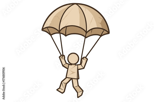 Paper man on a parachute. Concept vector illustration for business risk, startup, and freedom. Skydiver cartoon metaphor for fragility, creativity, and new ideas.
