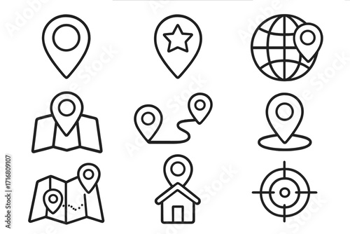 Location pin and map navigation line icon set. GPS pointer, destination route, and home address symbols. Globe, target, and marker vector outline pictograms for travel.