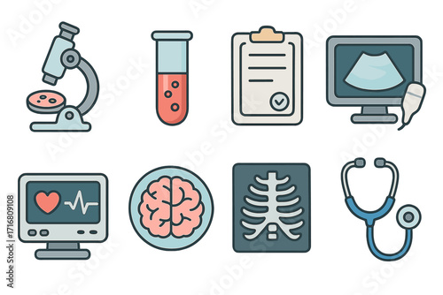 Healthcare diagnostics vector icon set. Medical examination, clinical analysis concept. Includes microscope, blood test, ECG, ultrasound, X-ray, brain, and stethoscope icons.