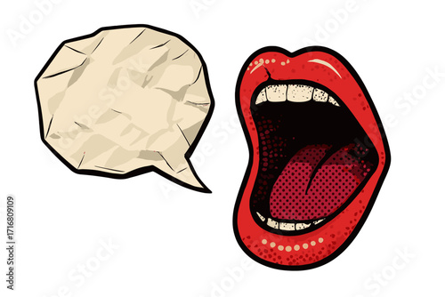 Pop art screaming mouth with crumpled paper speech bubble. Halftone collage of female lips in retro style. Advertising and marketing concept for a sale banner or announcement.