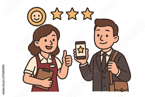 Customer satisfaction concept with happy client giving positive feedback. Excellent service review with five stars. Man rating a store on a mobile phone app. Worker thumbs up.