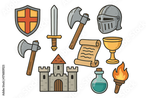 Medieval fantasy icon set. Vector cartoon illustration of knight armor, castle, and weapons. Shield, sword, axe, helmet, scroll, potion, torch for RPG or game design.