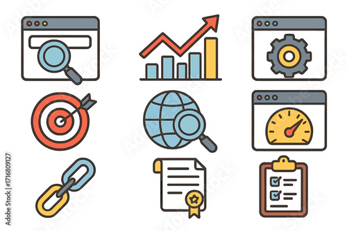 SEO icon set for digital marketing and web analytics. Search engine optimization concept with symbols for ranking, performance, backlinks, and website data analysis vector.