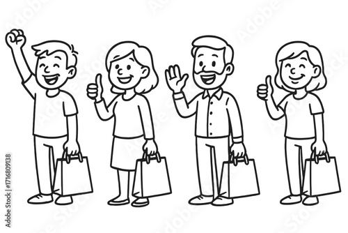 Happy customers shopping set. Family with bags showing thumbs up and satisfaction. Man, woman, boy and girl characters. Vector line art illustration for retail and sales.