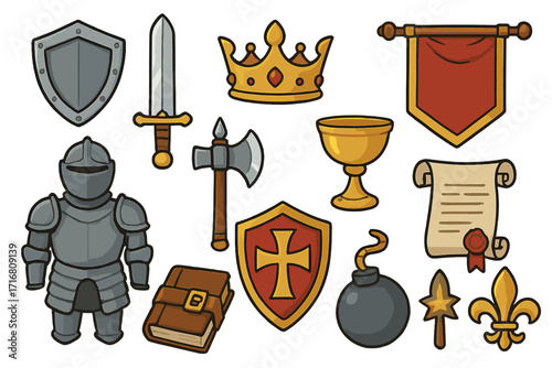 Medieval fantasy icon set for RPG games. Cartoon vector collection of a knight in armor, sword, shield, royal crown, goblet, banner, and axe. Kingdom and chivalry elements.