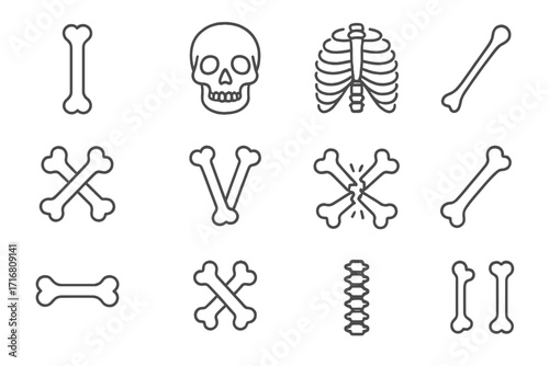 Human skeleton bones thin line icon set. Vector symbols of skull, rib cage, spine, and broken bone fracture. Anatomy, medical, orthopedic pictogram. Pirate crossbones danger sign.