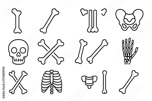 Human bones icon set. Skeleton anatomy vector line icons. Medical and orthopedic symbols. Skull, rib cage, pelvis, hand skeleton. Pirate Halloween design elements.