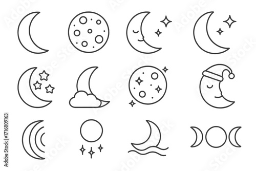 Moon and crescent thin line icon set. Celestial symbols for night and space. Includes full moon, stars, clouds, and triple moon goddess icon. Editable stroke vector pack.