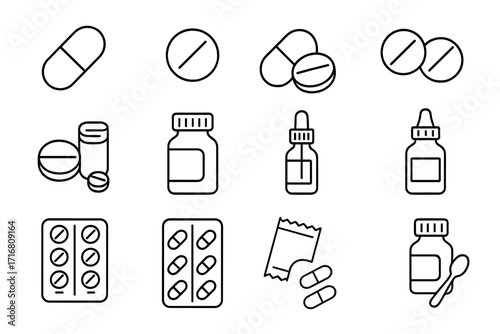Pills and medication thin line icon set. Pharmacy drug store symbols. Health care, medical treatment concept. Capsule, tablet, bottle, vitamins, supplements vector icons.