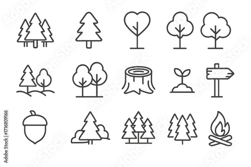 Tree and forest thin line icon set. Nature, park, and camping symbols. Vector outline icons like pine, campfire, acorn, stump, seedling, signpost. Editable stroke.