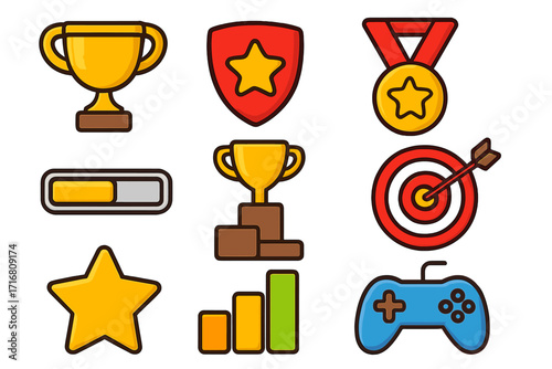 Game achievement icon set. Vector cartoon awards for success. Trophy, medal, star, target, gamepad. Concept for victory, competition, level up, score, winner prize.