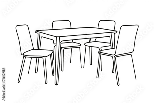 Continuous line drawing of a dining table and chairs. Modern minimalist linear sketch. Dining room furniture concept. Home decor interior element. Isolated vector illustration.