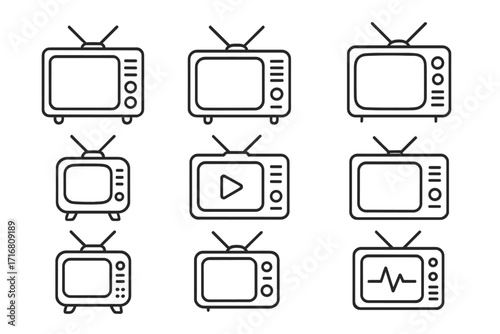 TV set line icon pack. Retro television symbol collection. Minimalist vintage TV outline pictogram. Editable stroke vector for web, app, UI, UX, and graphic design.