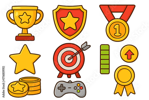 Game achievement and reward icons set. Vector cartoon illustration of trophy, medal, star, and target for gamification concept. Winner prize, level up, and bonus symbols.
