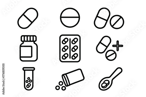 Pills and medication simple line icons set. Pharmacy and healthcare concept. Vector drug, tablet, capsule, and bottle symbols for medical treatment and vitamin supplements.