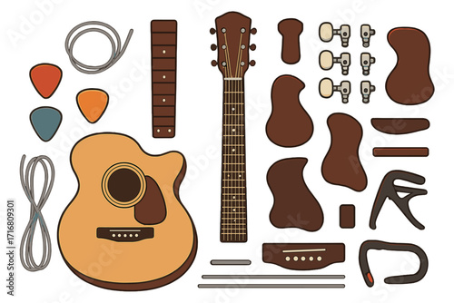 Acoustic guitar parts flat lay. Deconstructed musical instrument knolling concept. Vector set of guitar components, body, neck, strings, pick, capo, accessories for repair.