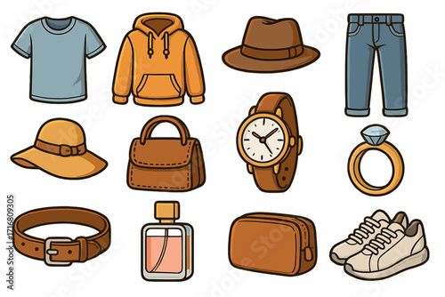 Fashion and accessories icon set. Vector cartoon collection of clothing, jewelry, and personal items. Includes t-shirt, hoodie, jeans, watch, ring, hat, bag, and shoes.