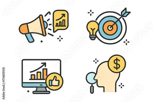 Marketing color line icons. Vector concepts for digital strategy, data analytics, financial growth, and audience research. Business success, advertising, and promotion symbols.