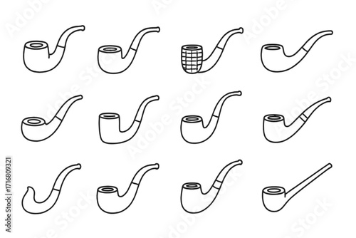 Smoking pipe line icon set. Tobacco smoke symbol collection. Classic vintage gentleman accessory. Retro hipster element. Outline pictogram pack for web design and apps.