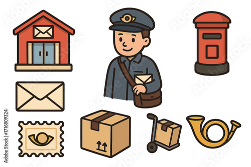 Post office icon set. Mail delivery service collection. Vector cartoon illustration of postman, letter, package, mailbox, stamp and post horn. Shipping and logistics elements.