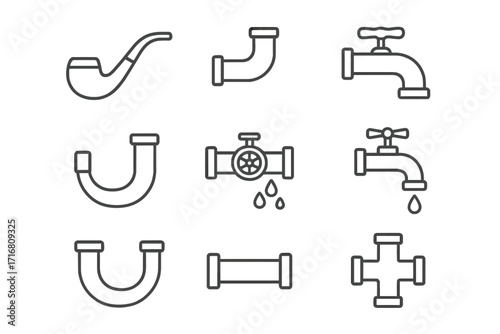 Vector pipe and plumbing line icon set. Water tap, faucet, valve, pipeline leak, tube fittings, drain connection and smoking pipe. Simple outline icons for plumber service.