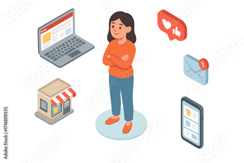 Omni-channel customer experience concept. Isometric vector of a woman consumer and marketing communication channels: website, social media, email, app, and in-store.
