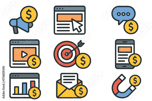 Paid media flat icons. Vector cartoon illustration set for digital marketing and advertising. Concepts like PPC, ROI, lead generation, social media, targeted mobile ads.